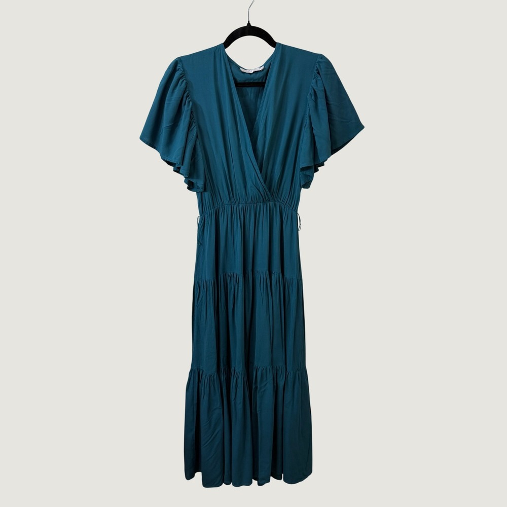 Petal & Pup Teal Blue Tiered Maxi Dress Flutter Sleeve Boho Cottagecore Size S